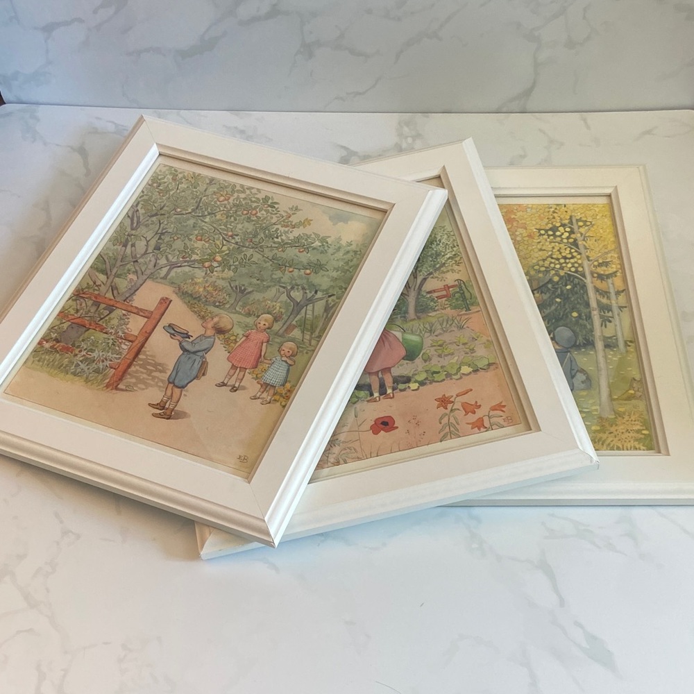 Vintage Children’s Storybook Prints Framed Set of 3 Cottagecore Nursery Wall Art